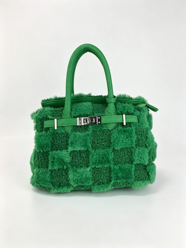 Vintage Green Checkered Faux Fur Top Handle Bag with Turn Lock Detail