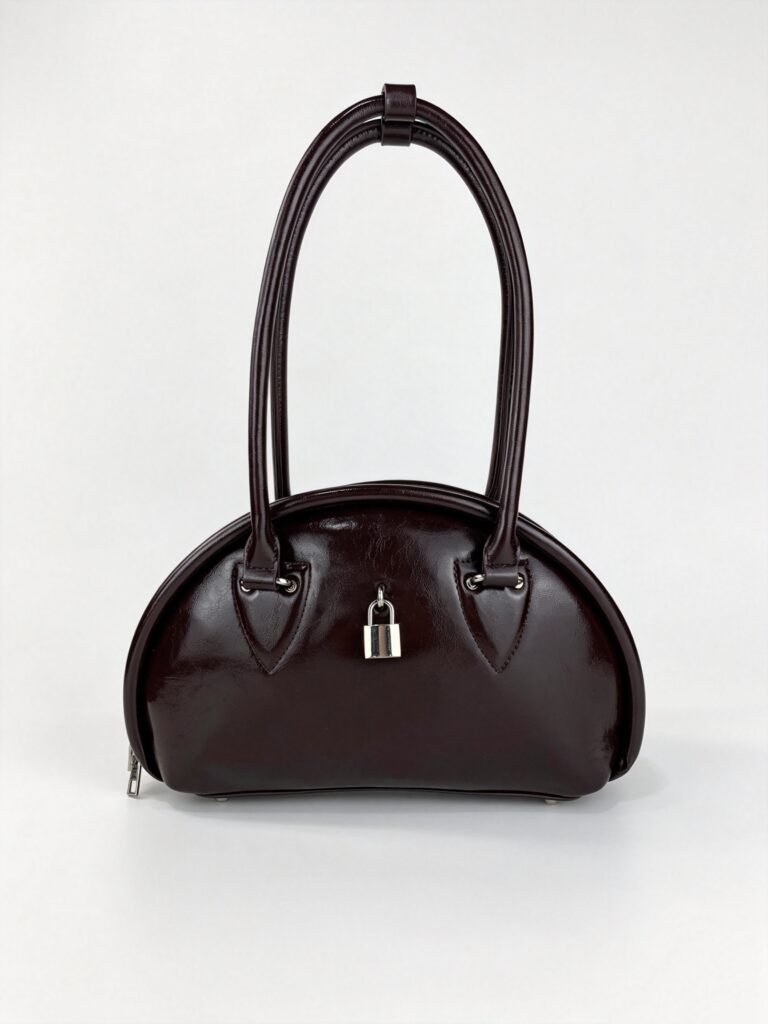Vintage Dark Brown Glossy Half Moon Top Handle Bag with Lock Detail