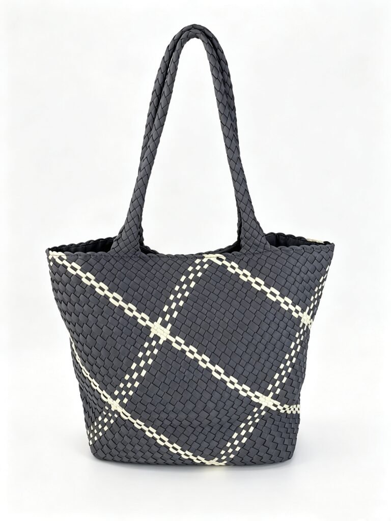 Grey White Plaid Woven Neoprene Large Tote Bag for Women