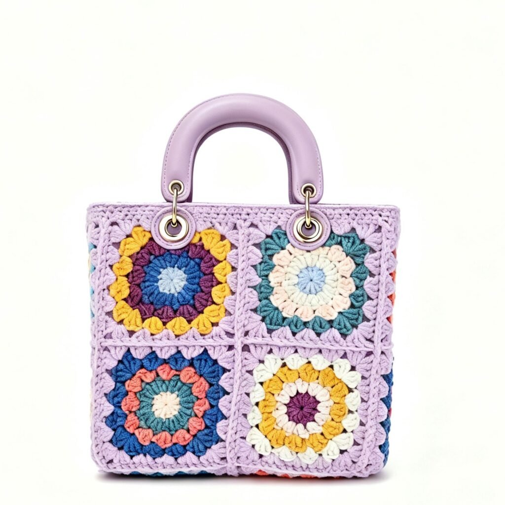 Pastel Purple Granny Square Hand Crochet Floral Top Handle Bag