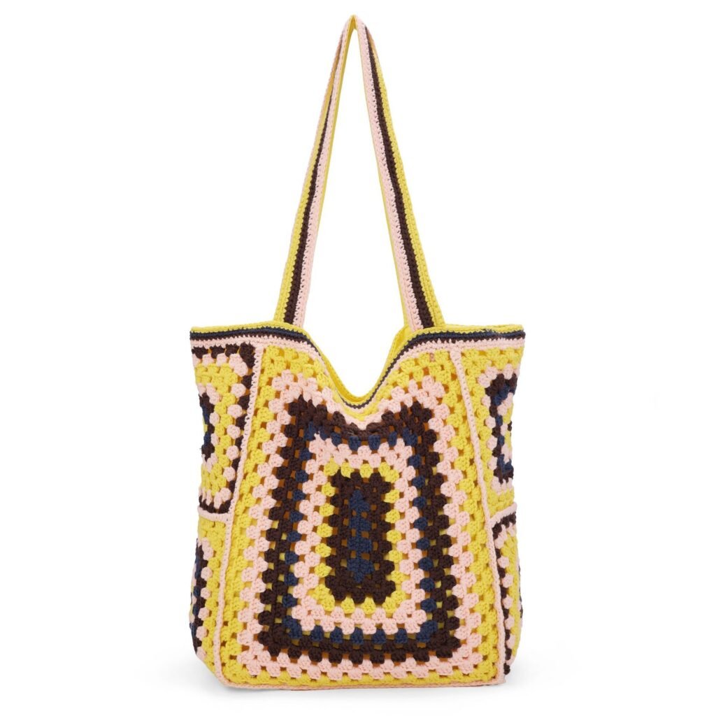 Yellow Base Granny Square Hand Crochet Pink Brown Boho Tote Shoulder Bag