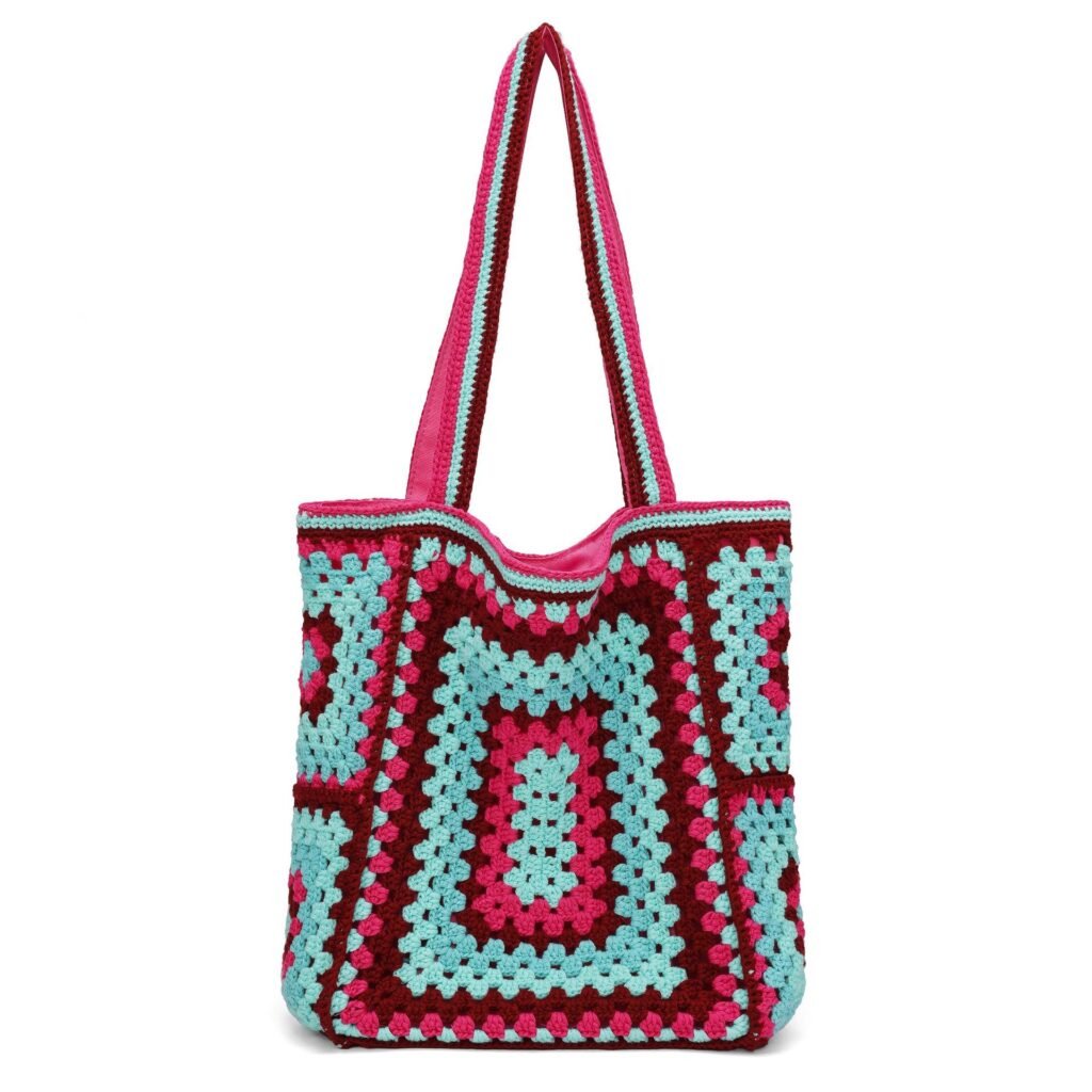 Boho Granny Square Hand Crochet Colorblock Tote Bag