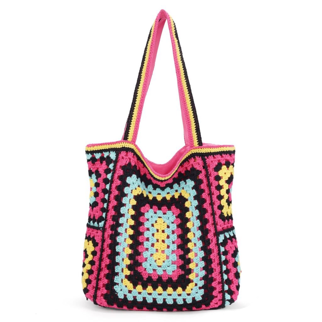 Hot Pink Granny Square Hand Crochet Colorful Boho Tote Shoulder Bag
