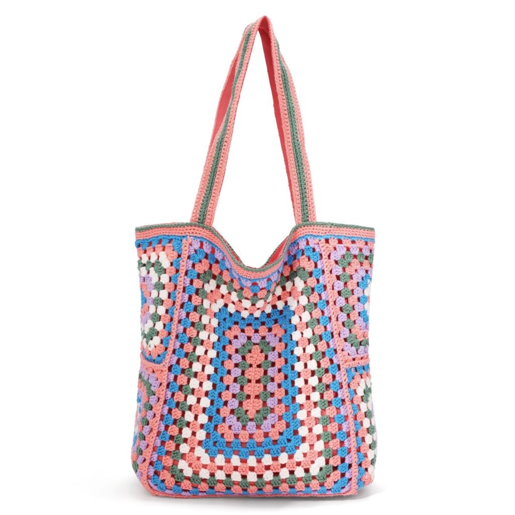 Multicolor Granny Square Hand Crochet Boho Tote Shoulder Bag