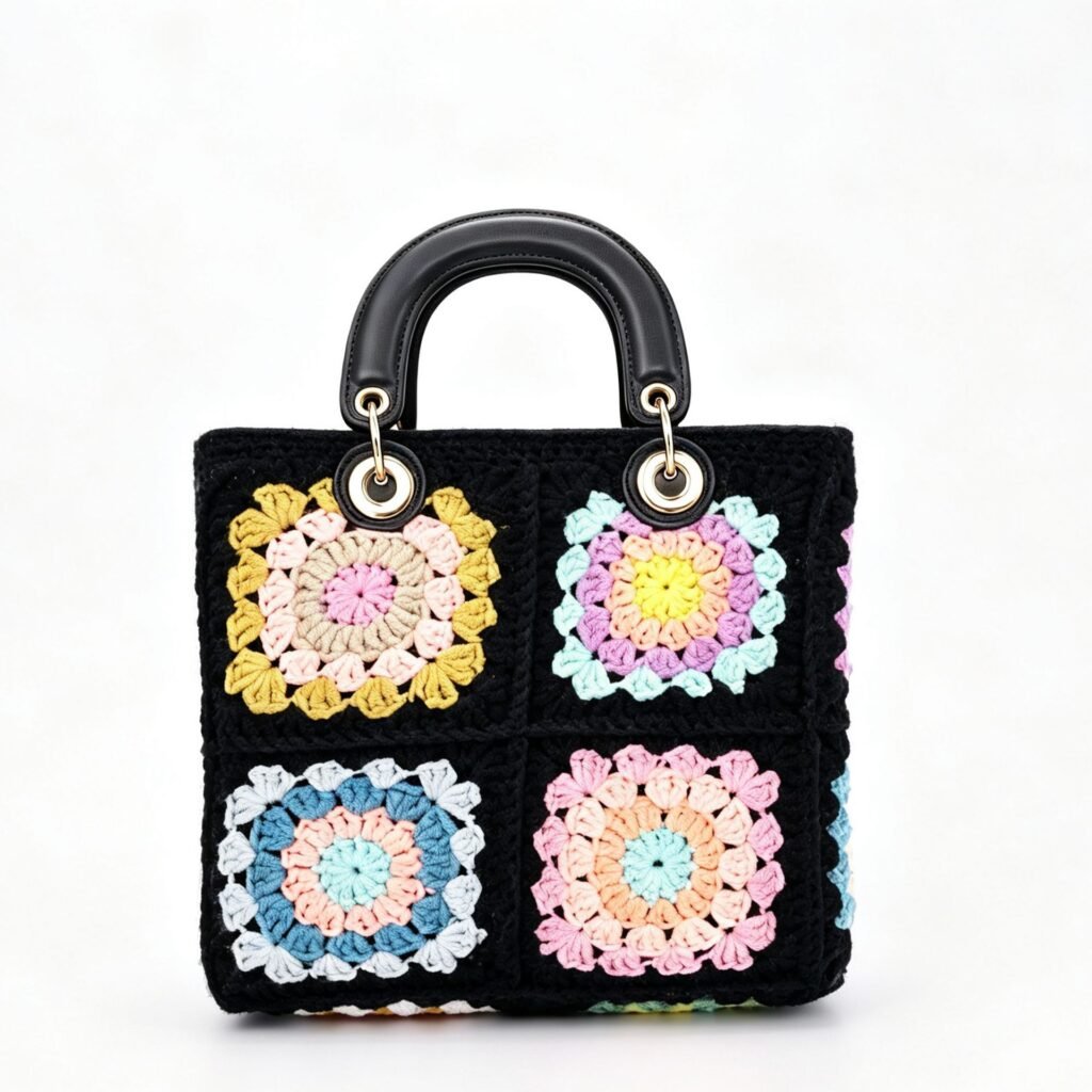 Black Granny Square Hand Crochet Colorful Floral Top Handle Bag
