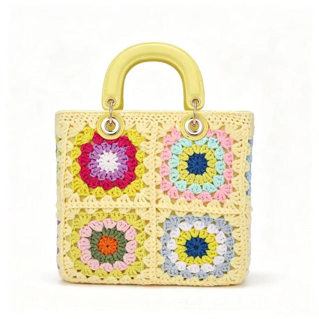 Pale Yellow Granny Square Hand Crochet Colorful Floral Top Handle Bag
