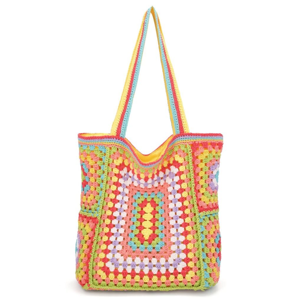 Rainbow Multicolor Granny Square Hand Crochet Boho Tote Shoulder Bag