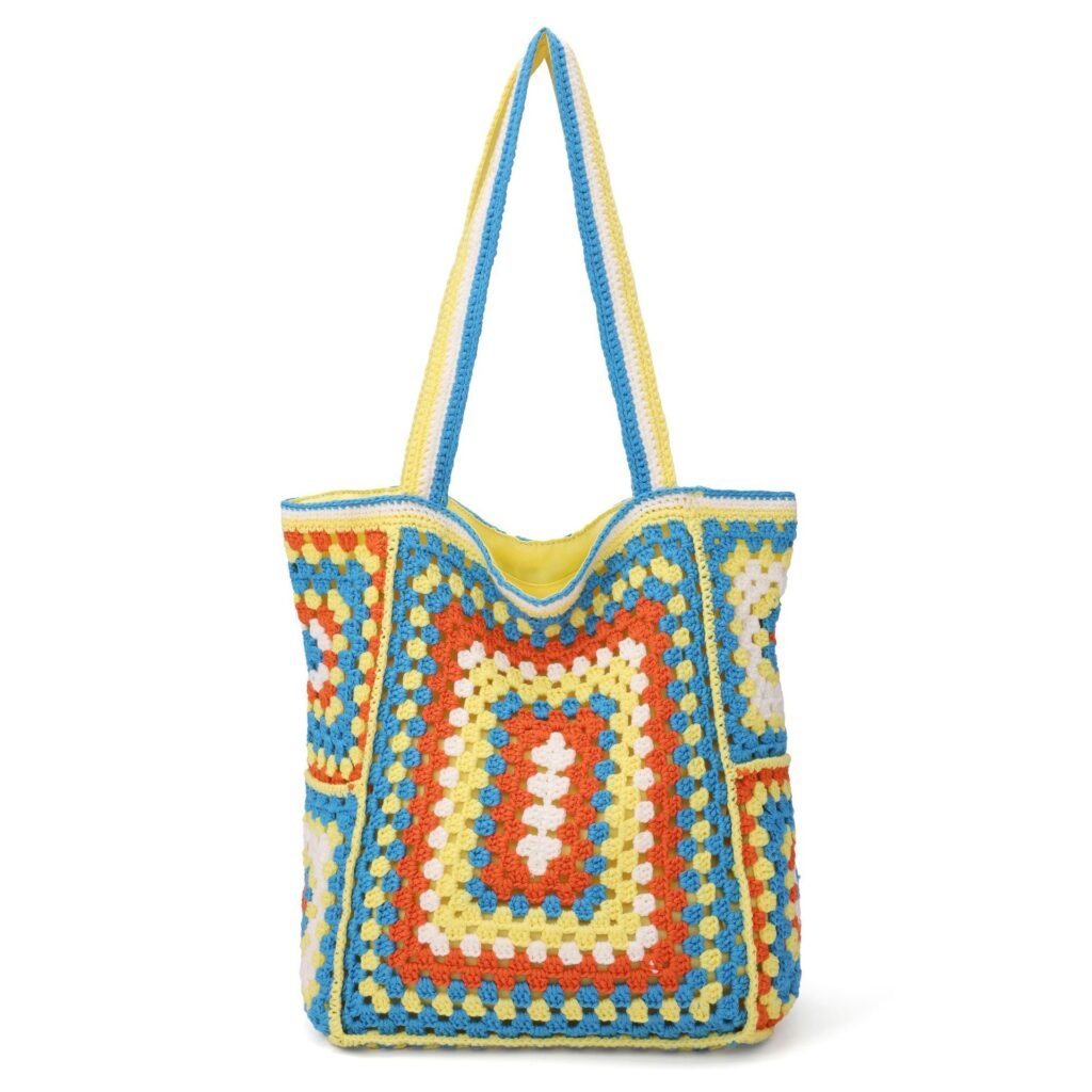 Blue Yellow Granny Square Hand Crochet Color Block Boho Tote Shoulder Bag