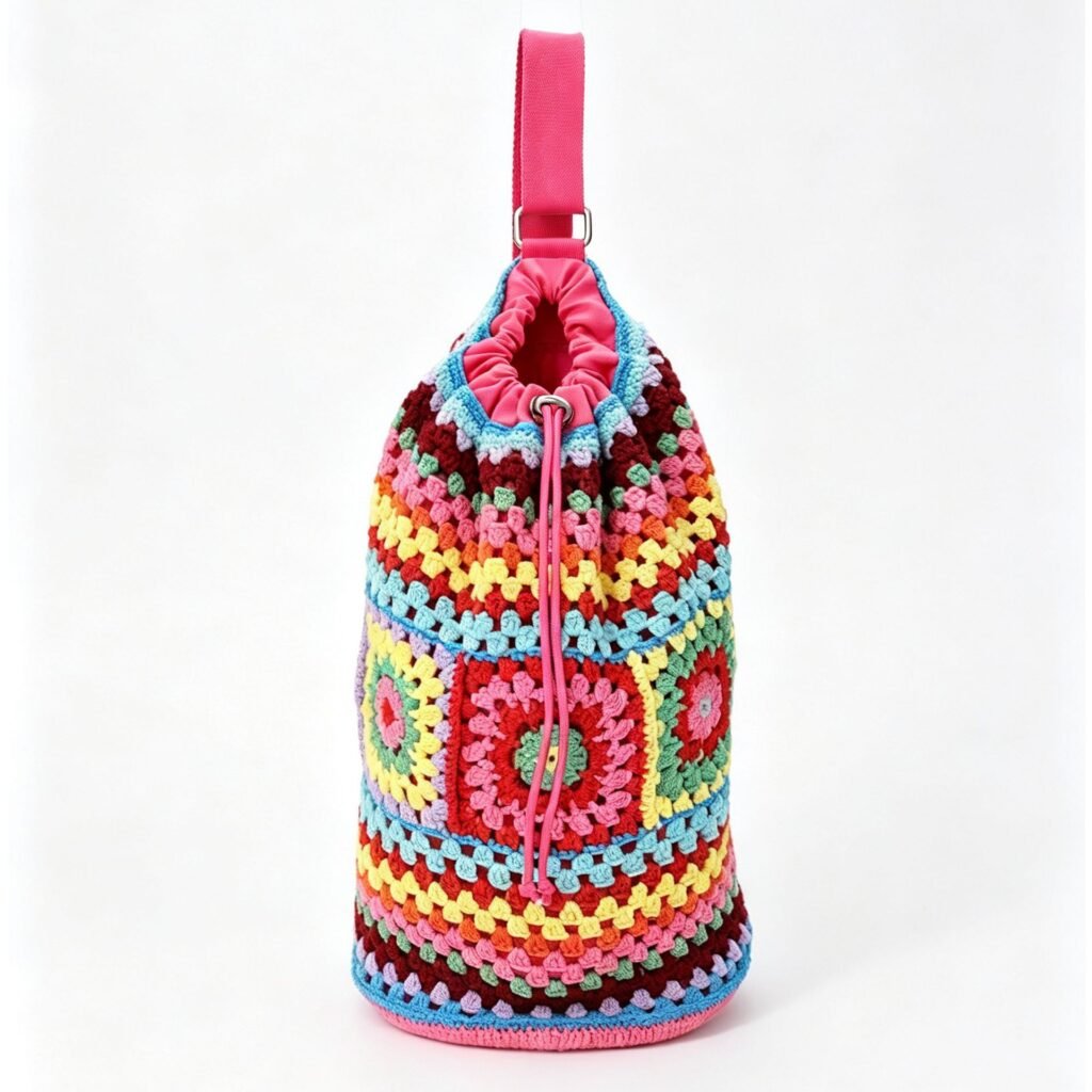 Rainbow Granny Square Hand Crochet Drawstring Bucket Crossbody Bag