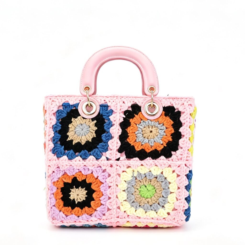 Pink Granny Square Crochet Top Handle Bag, Colorful Patchwork Floral Handmade Knitted Satchel