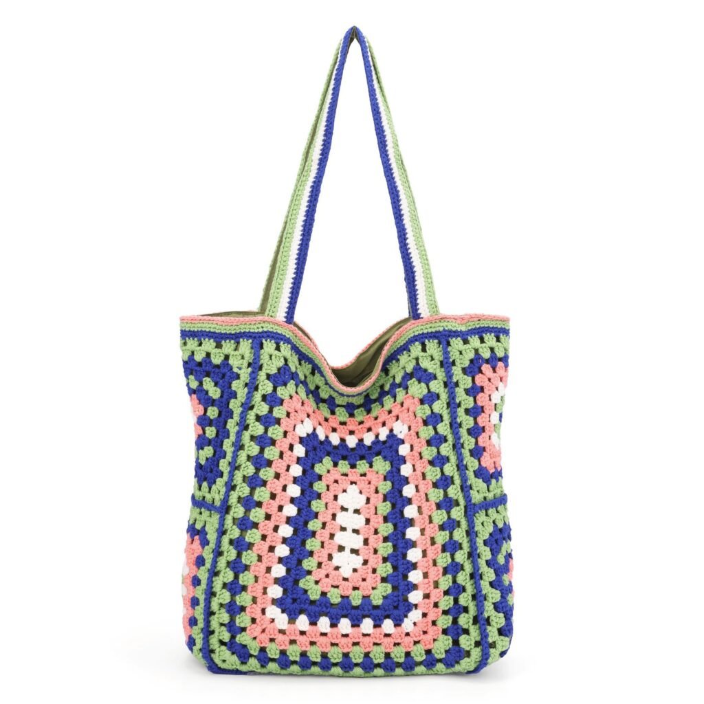 Green Blue Pink Granny Square Hand Crochet Boho Tote Shoulder Bag