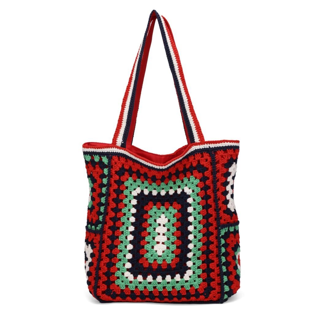 Red Green White Granny Square Hand Crochet Boho Tote Shoulder Bag