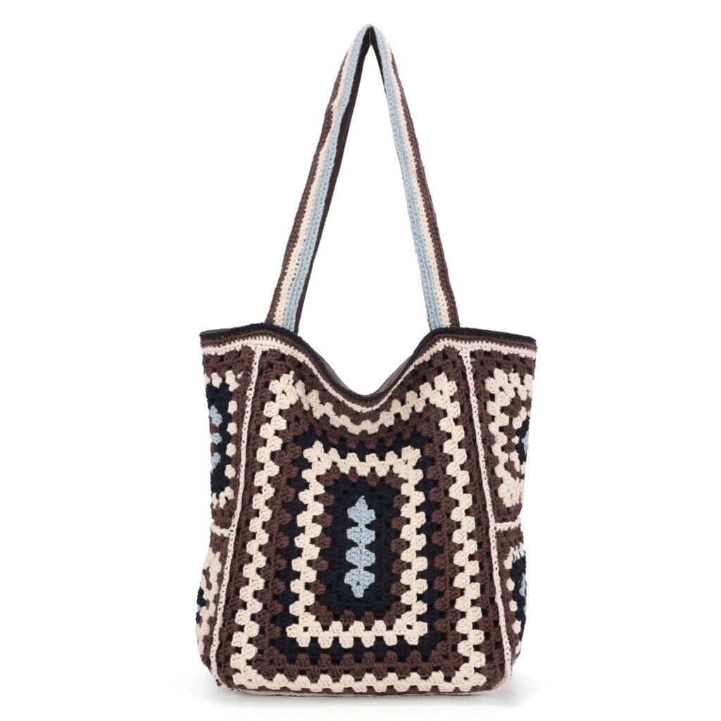 Brown Beige Granny Square Hand Crochet Retro Boho Tote Shoulder Bag