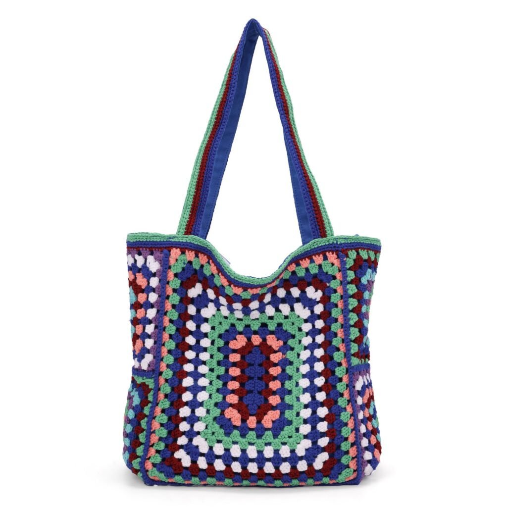 Vibrant Multicolor Granny Square Hand Crochet Boho Tote Shoulder Bag