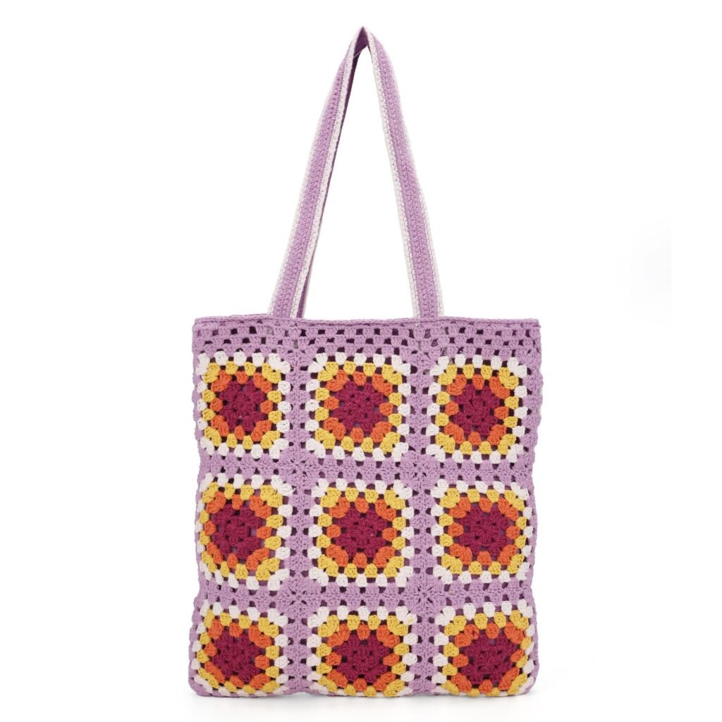 Lavender Granny Square Hand Crochet Sunflower Floral Boho Tote Shoulder Bag