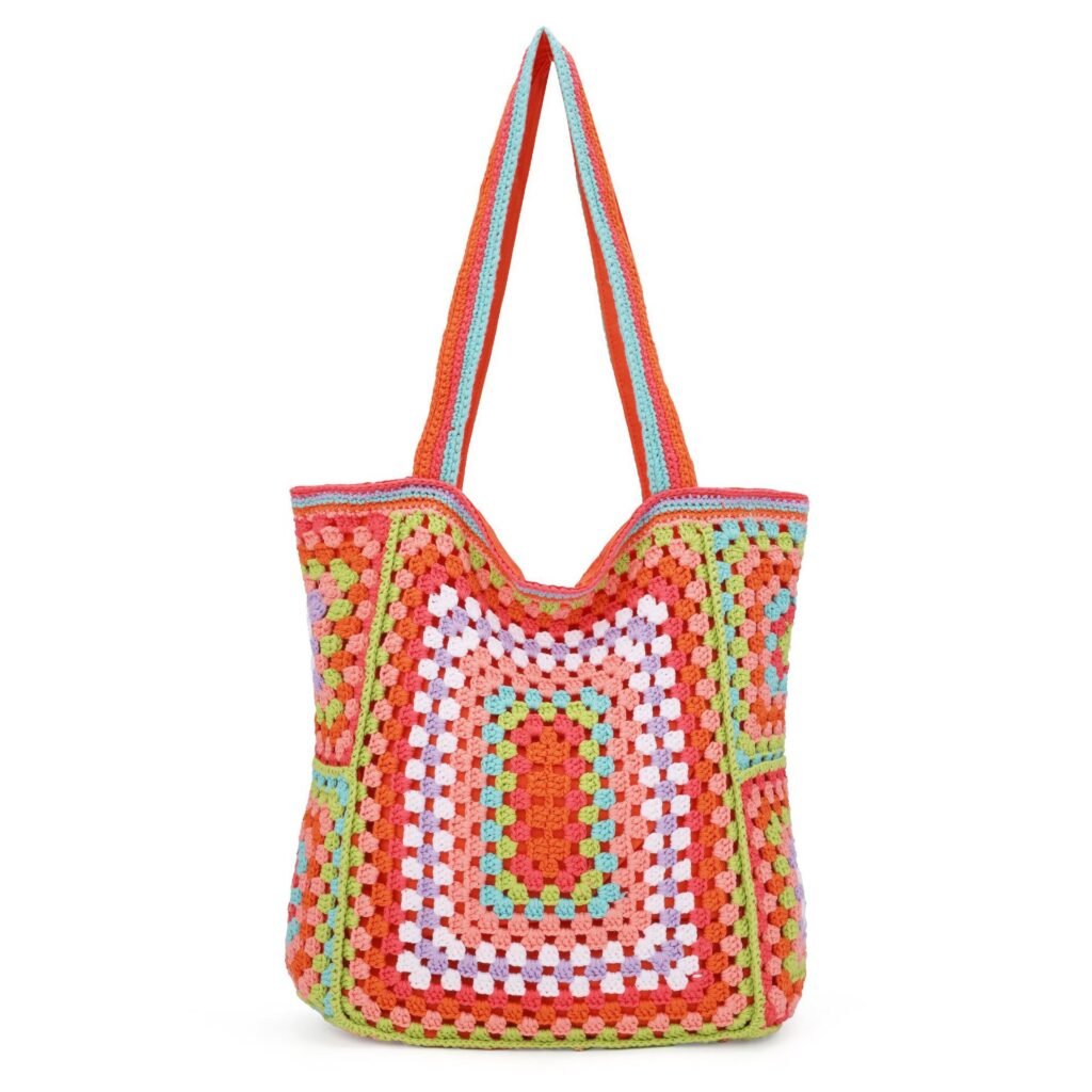 Orange Tone Granny Square Hand Crochet Vibrant Multicolor Boho Tote Shoulder Bag