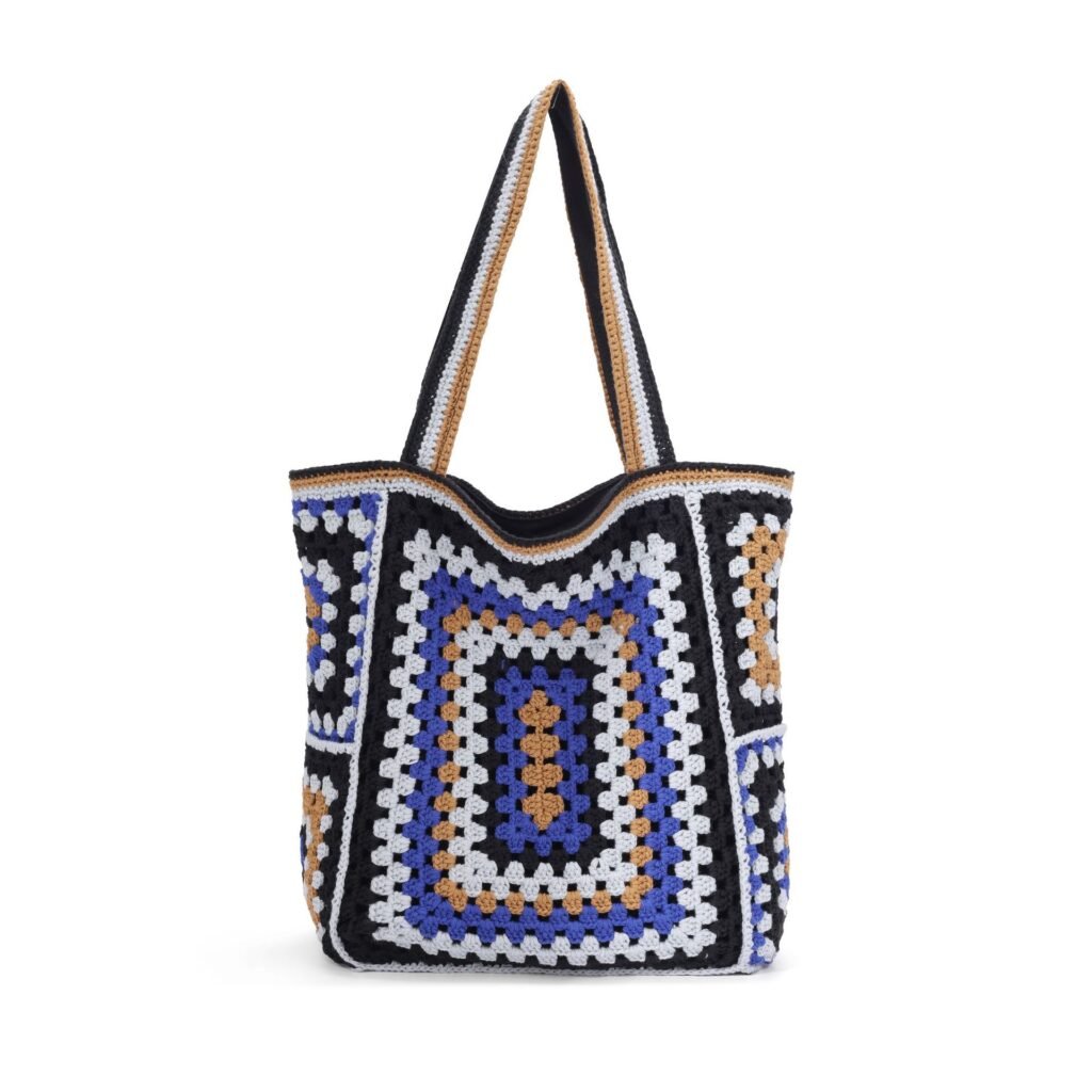 Black Base Granny Square Hand Crochet Blue Camel Boho Tote Shoulder Bag