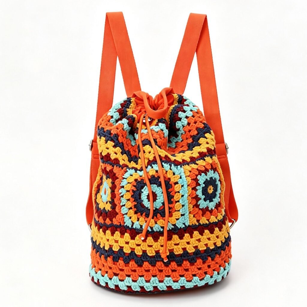 Vintage Multicolor Granny Square Hand Crochet Drawstring Bucket Backpack