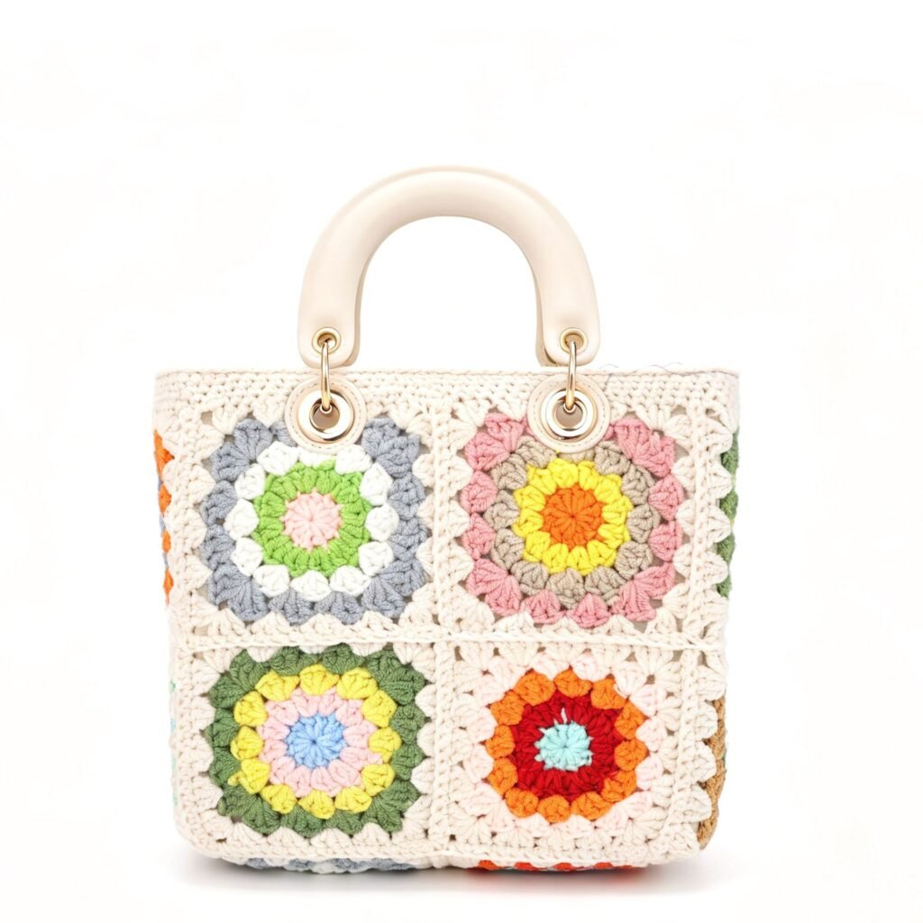 Cream Granny Square Hand Crochet Multicolor Floral Top Handle Bag