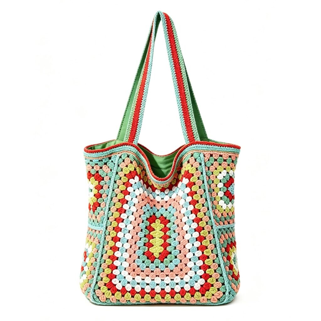 Green Base Granny Square Hand Crochet Multicolor Boho Tote Shoulder Bag